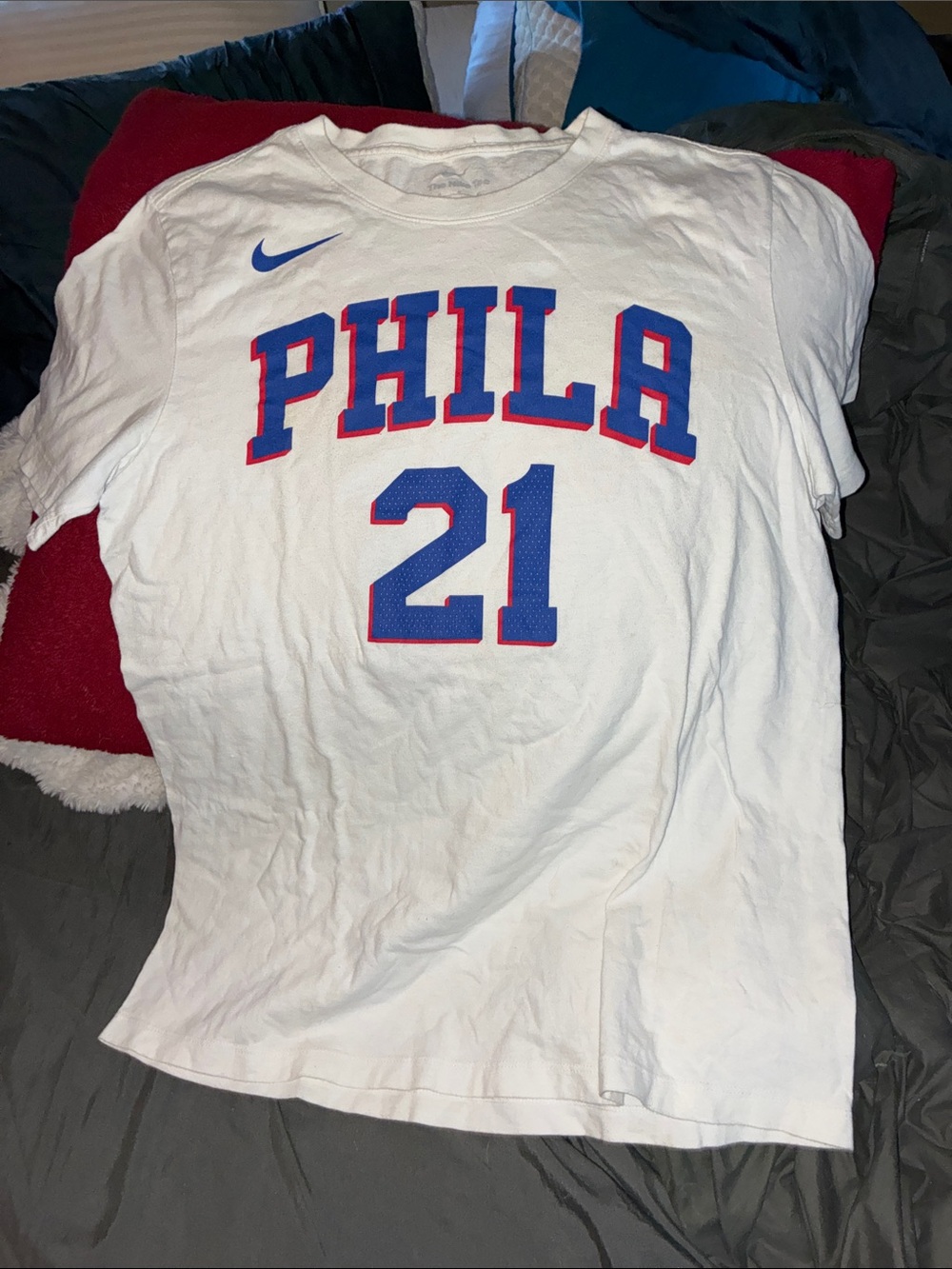 Nike White PHILA #21 Graphic Basketball Tee with Blue and Red Accents